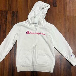 Champion Kids Hoodie in White with Pink Logo